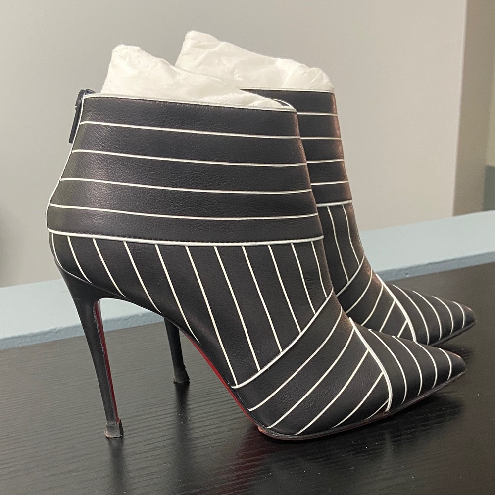 Christian Louboutin Black and White Striped Heeled Boots